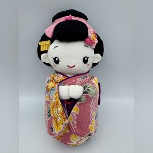 Japanese Geisha Doll Sakura Kimono Chirimen Fabric Doll Pink Japan 9” Handmade